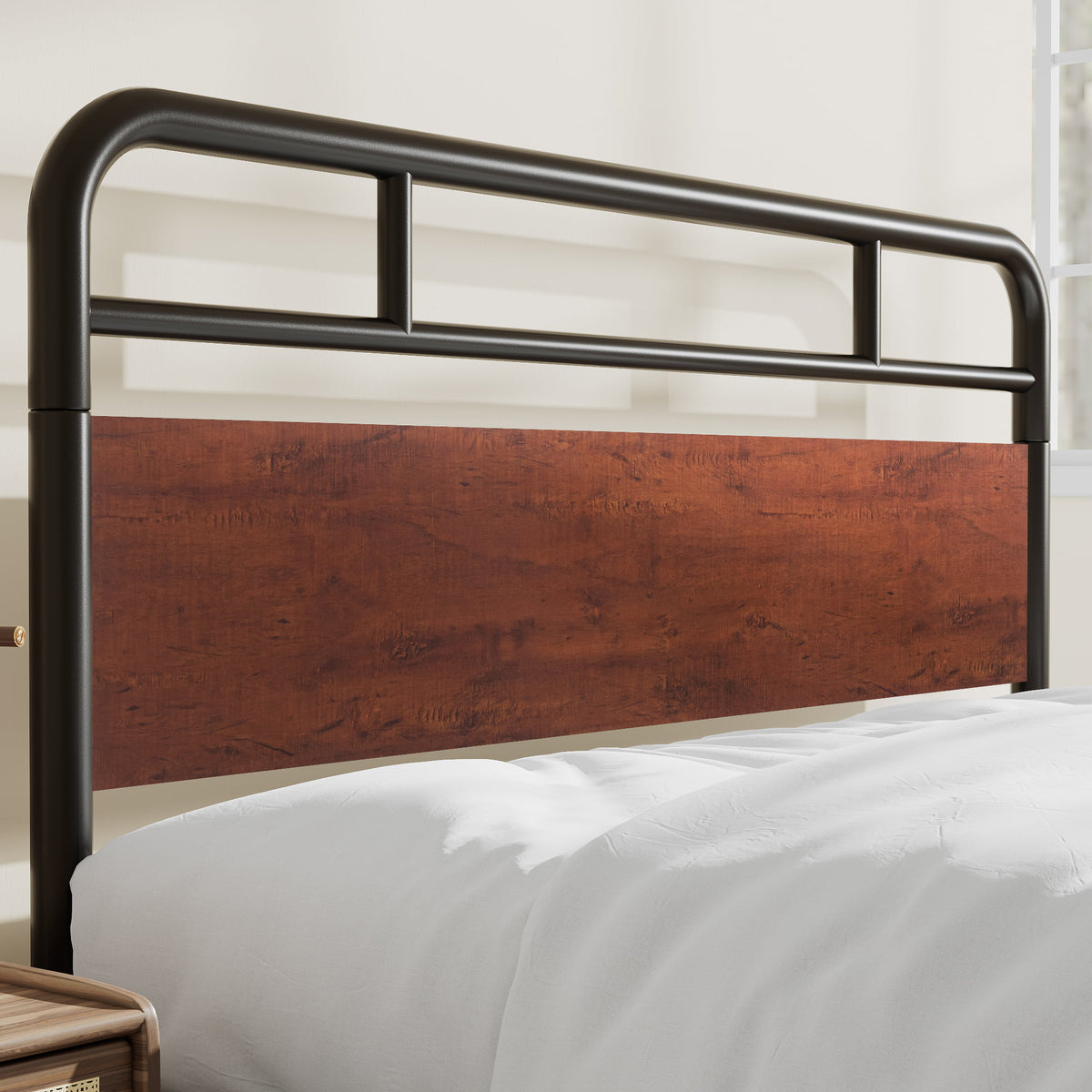 Dark Brown Queen Size Metal Platform Bed Frame with Wooden Headboard O48856