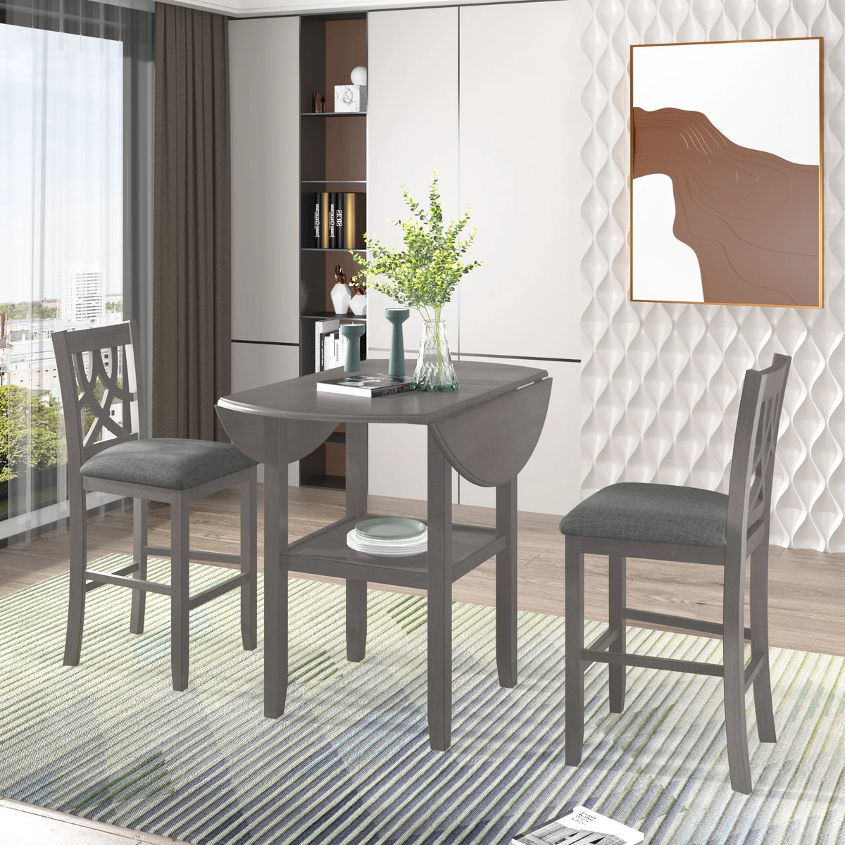 3 Piece Round Drop Leaf Dining Table Set with 2 Chairs A430870
