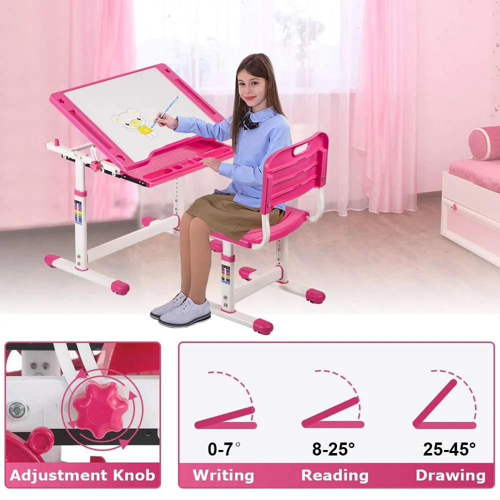 Kids Adjustable Height Ergonomic Desk and Chair Set with Storage Drawer J352129