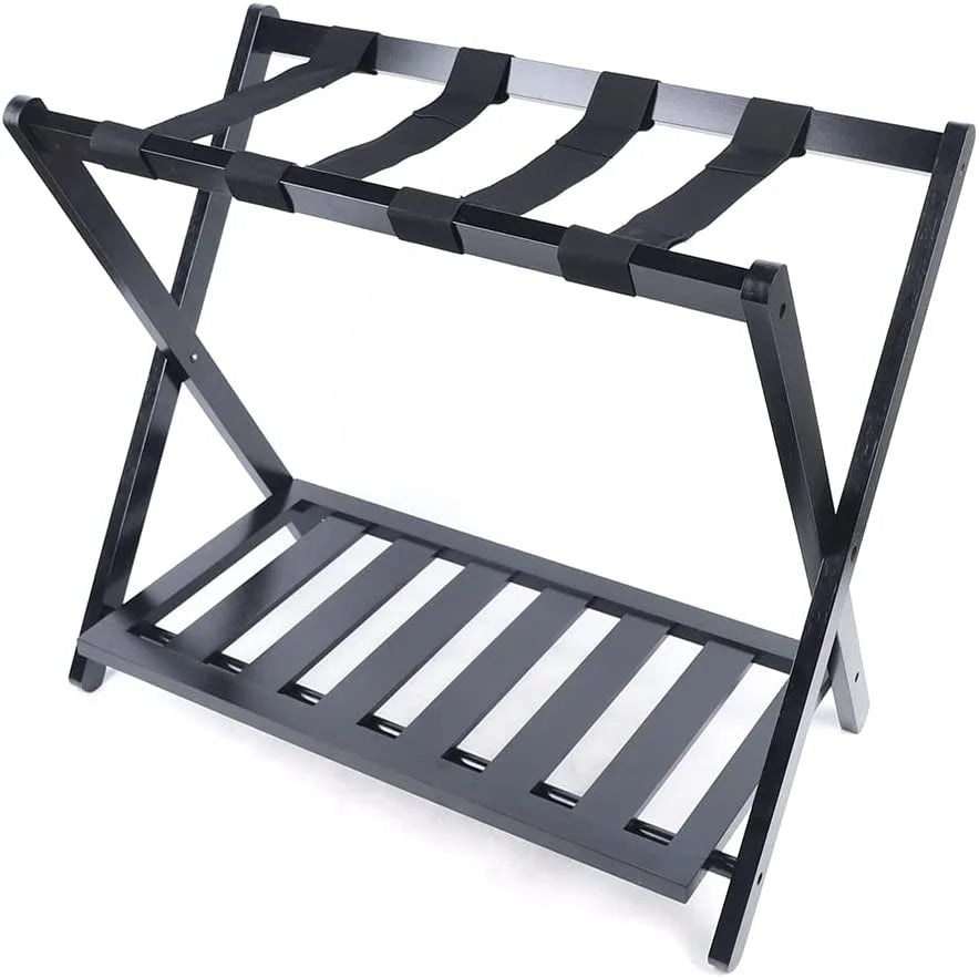 Black 2 Tiers Bamboo Wood Luggage Rack F381