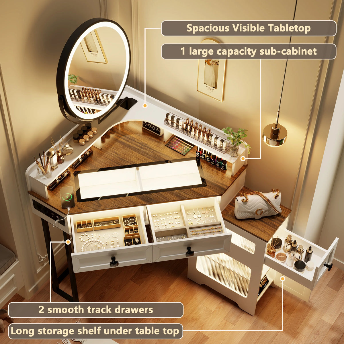 Corner Vanity Desk with Mirror and Lights, Glass Top Makeup Vanity Set with Charging Station K12334