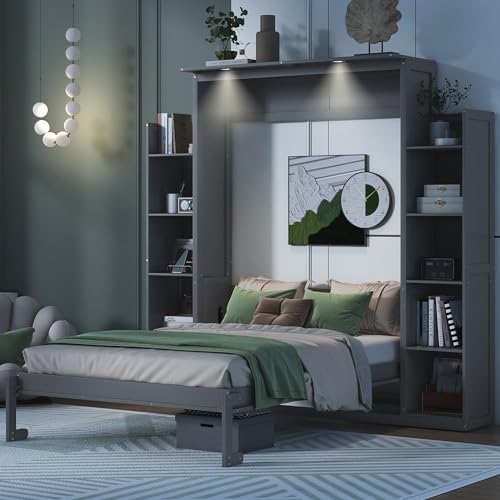 Queen Size Wood Murphy Bed with Shelves and LED Lights, Grey O3713