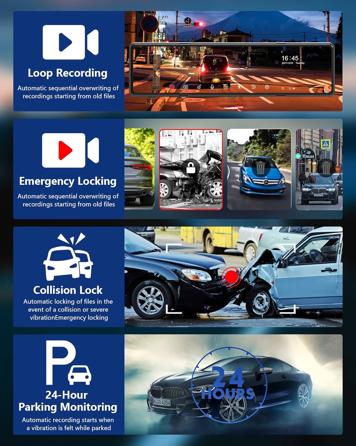 Mirror Dash Cam with Detached Front Camera 11 Rear View Mirror Camera Front and Rear FHD 1080P Waterproof Backup Camera Full Touch Screen with Night Vision H62667