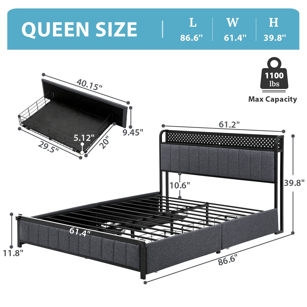 Queen Size Upholstered Platform Bed with LED Headboard and 4 Drawers D88498