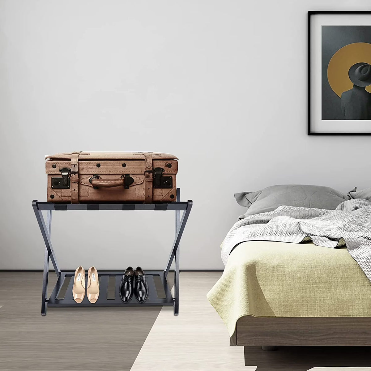 Black 2 Tiers Bamboo Wood Luggage Rack F381