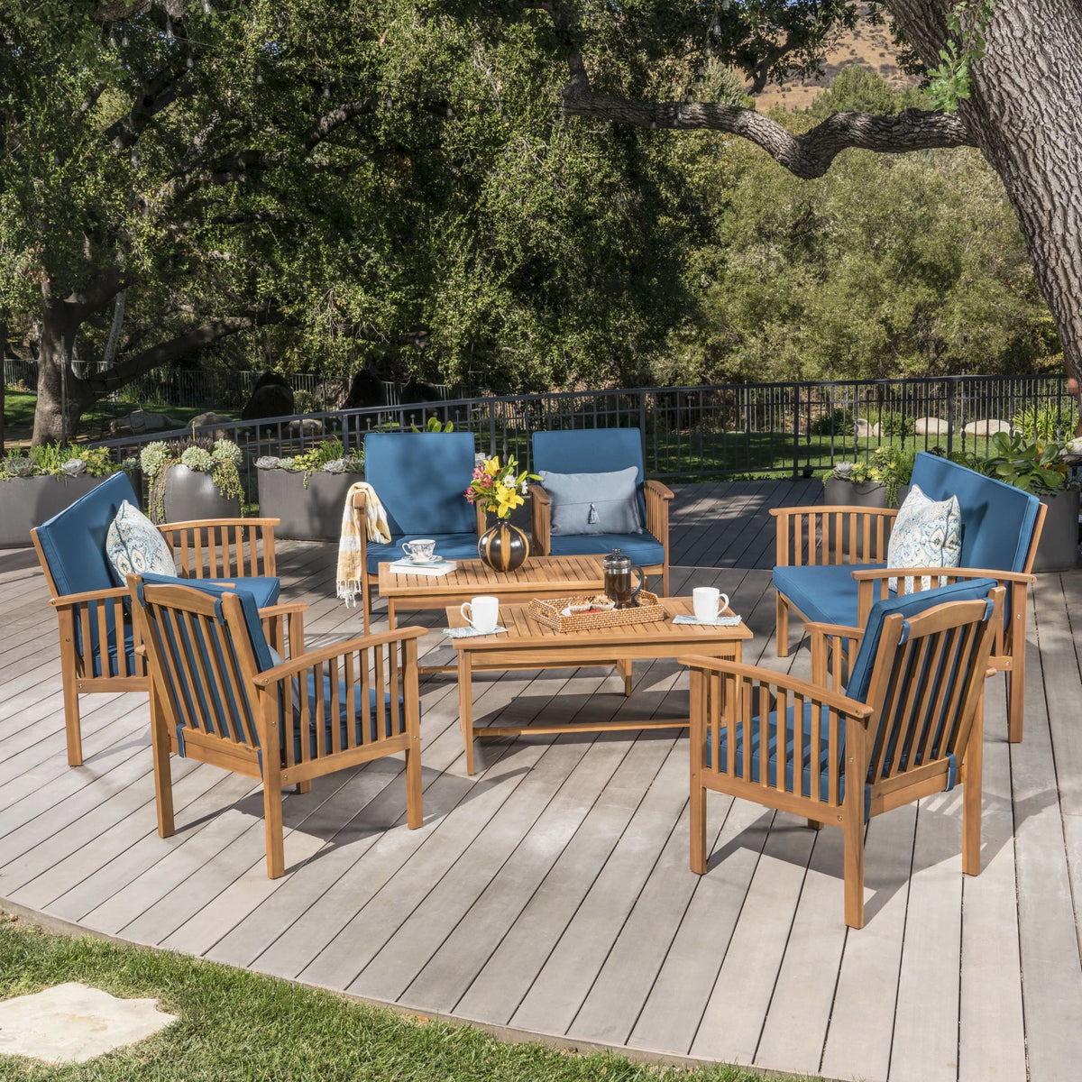 Brown Patina Acacia Wood 8 Piece Sofa Set with Cushions H536
