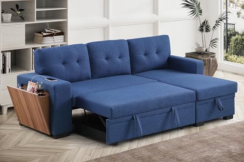 Blue Linen L Shaped Sectional Sofa with Pull Out Bed and Storage Chaise F39655