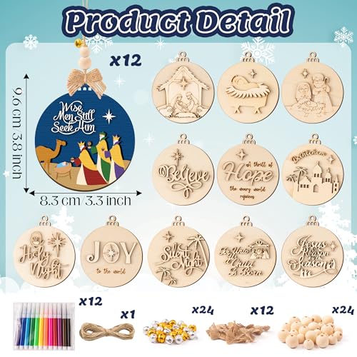 12 Styles Unfinished Wooden Christmas Ornaments Kit with Paint Pens O264