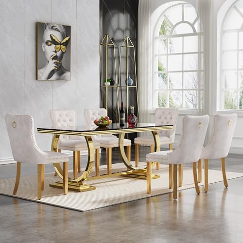 7 Piece White Marble Dining Table Set with 6 Grey Velvet Upholstered Chairs L2509