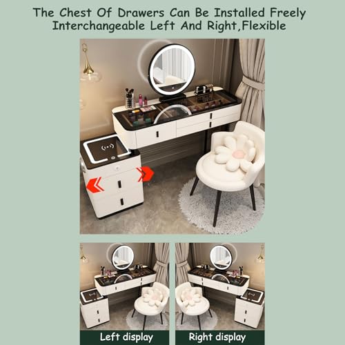 Vanity Mirror with Lights and Desk, Round 3-Colors Lights, with Cushioned Stool, with 2 Drawers and Storage Shelves, Glass Table Top B387392