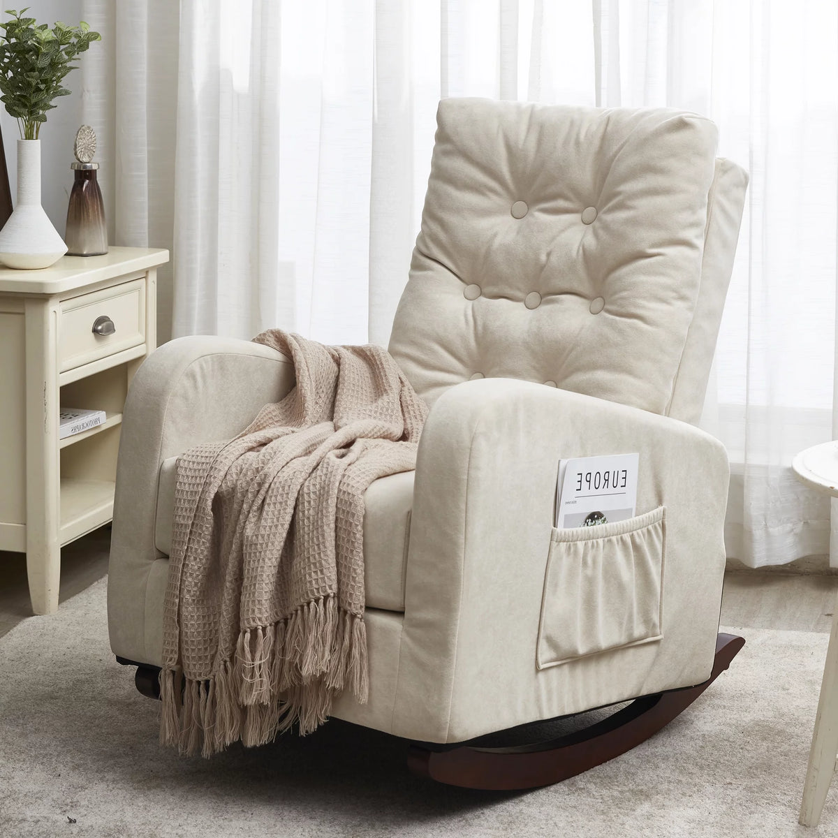 High Back Rocking Chair with Side Pocket Linen Fabric Y8217