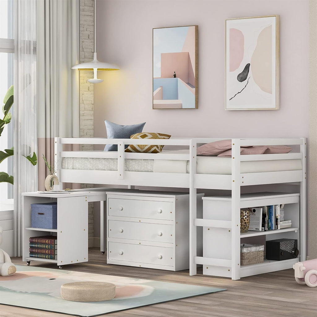 Twin Size Espresso Loft Bed with Desk and Storage Cabinet I670