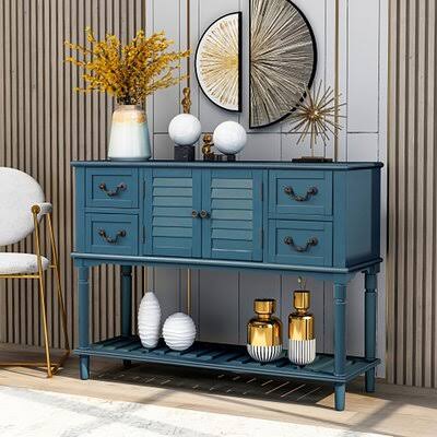 Antique N Console Table with Shutter Doors and 4 Storage Drawers Q877