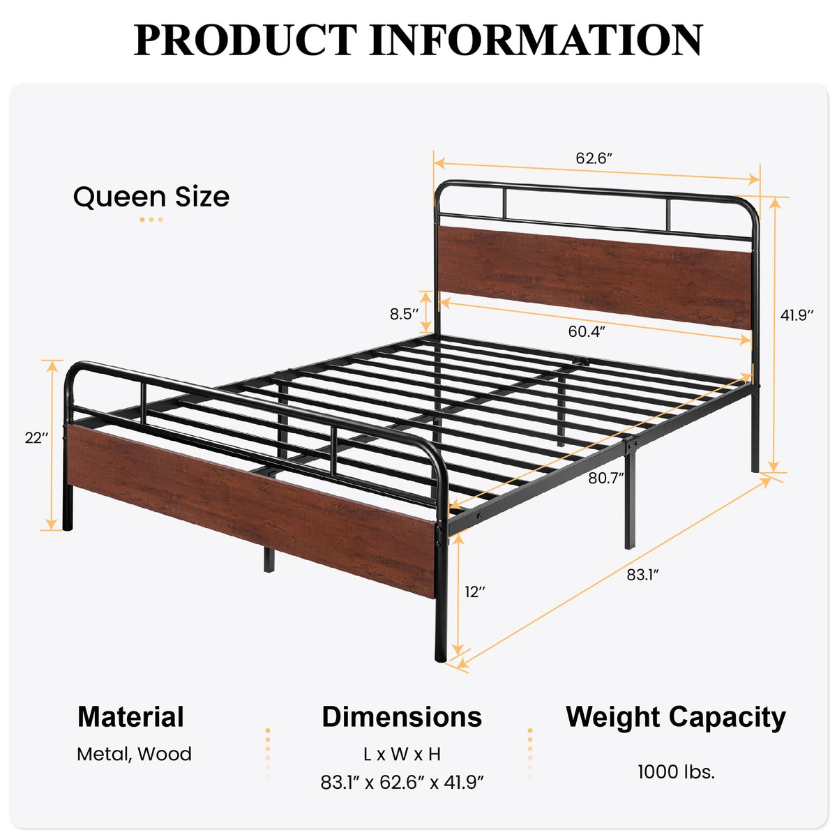 Dark Brown Queen Size Metal Platform Bed Frame with Wooden Headboard O48856
