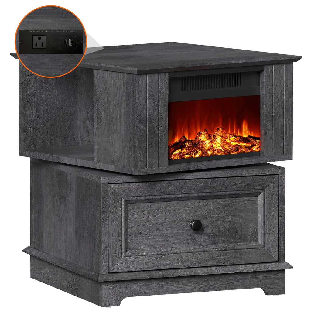 Rotating Fireplace End Table with Electric Fireplace Heater, Storage, Built-in Outlets S138