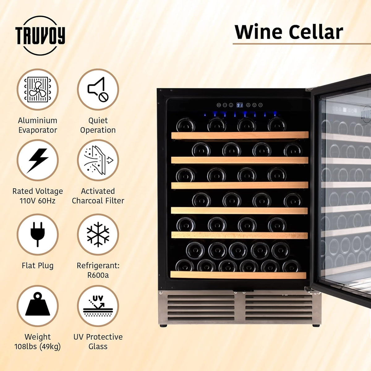 Wine Cooler Refrigerator with Reversible Low UV Glass Door, Touch Thermostat Control with LED Display, Lock, 150L Storage U4125