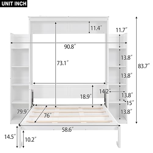 Queen Size Wood Murphy Bed with Shelves and LED Lights, Grey O3713