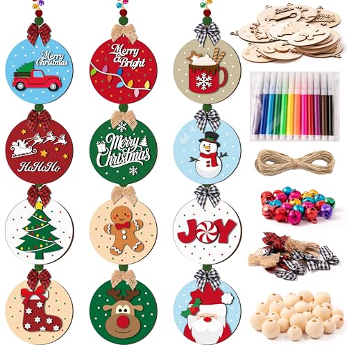 12 Styles Unfinished Wooden Christmas Ornaments Kit with Paint Pens O264