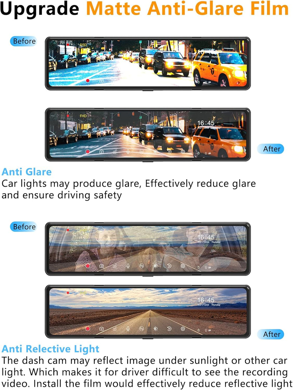 Mirror Dash Cam with Detached Front Camera 11 Rear View Mirror Camera Front and Rear FHD 1080P Waterproof Backup Camera Full Touch Screen with Night Vision H62667