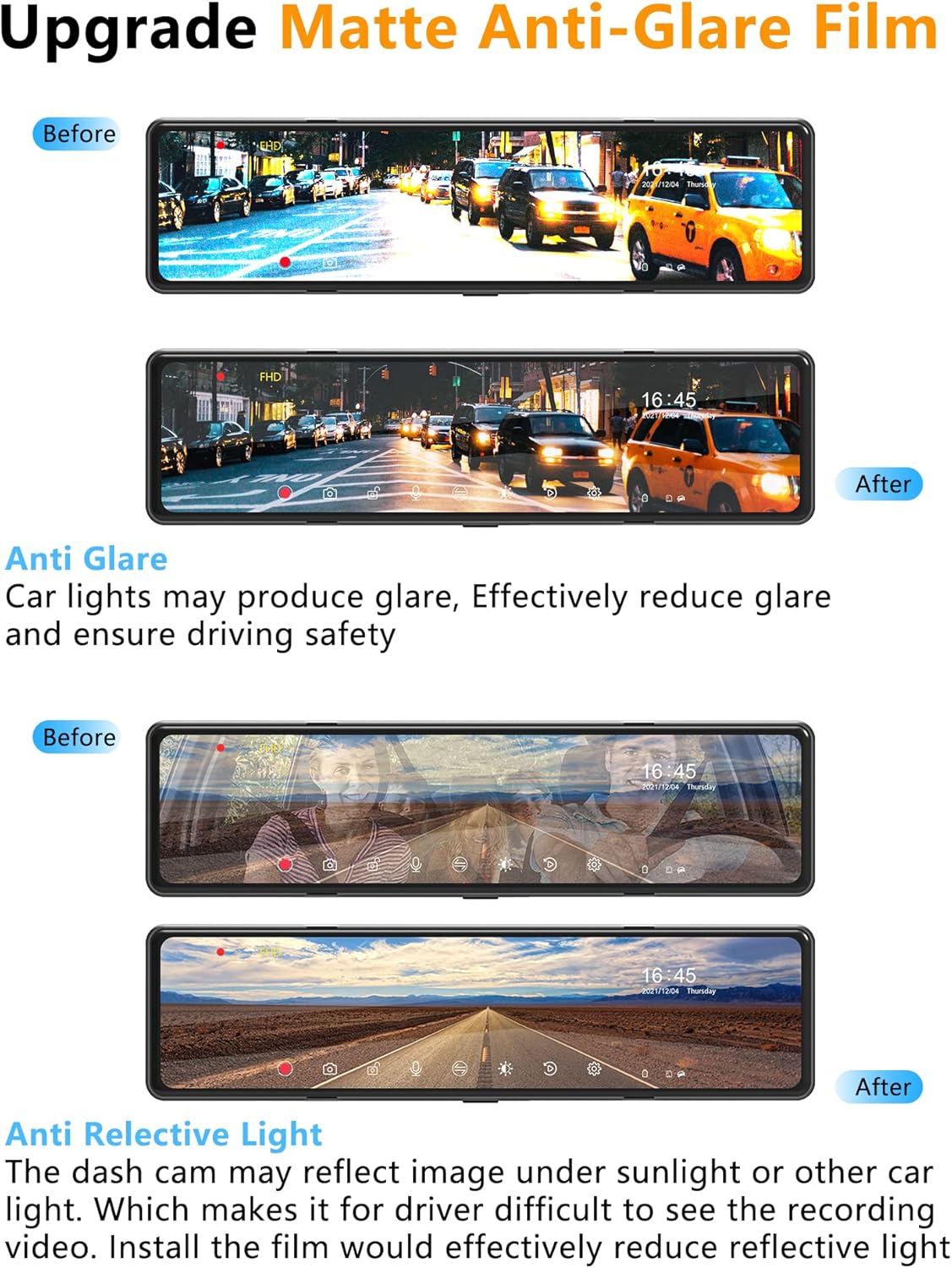 Mirror Dash Cam with Detached Front Camera 11 Rear View Mirror Camera Front and Rear FHD 1080P Waterproof Backup Camera Full Touch Screen with Night Vision H62667