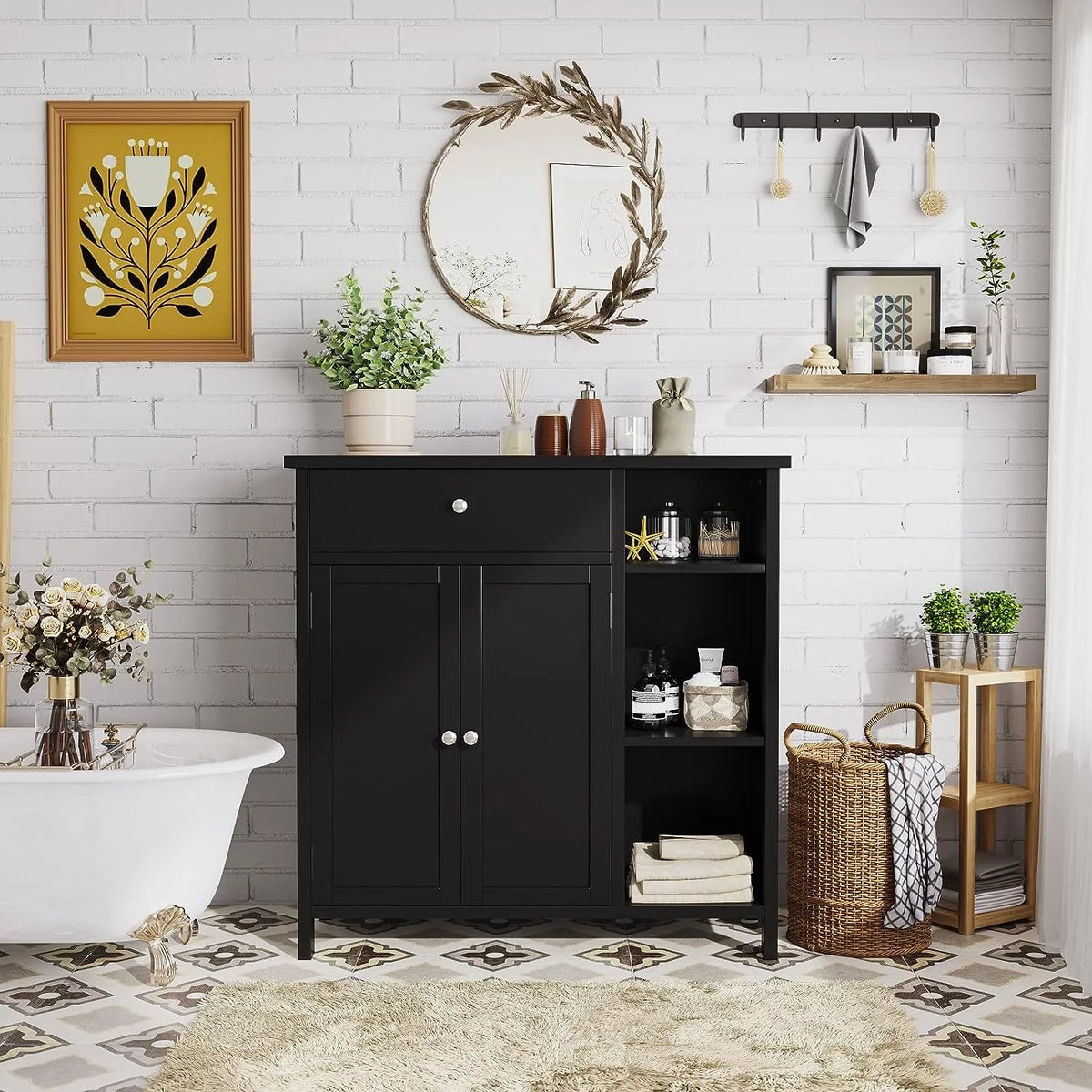 Black Freestanding Bathroom Cabinet with Drawer and Adjustable Shelf P582