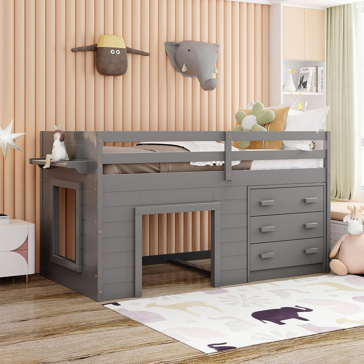 Twin Size Espresso Loft Bed with Desk and Storage Cabinet I670