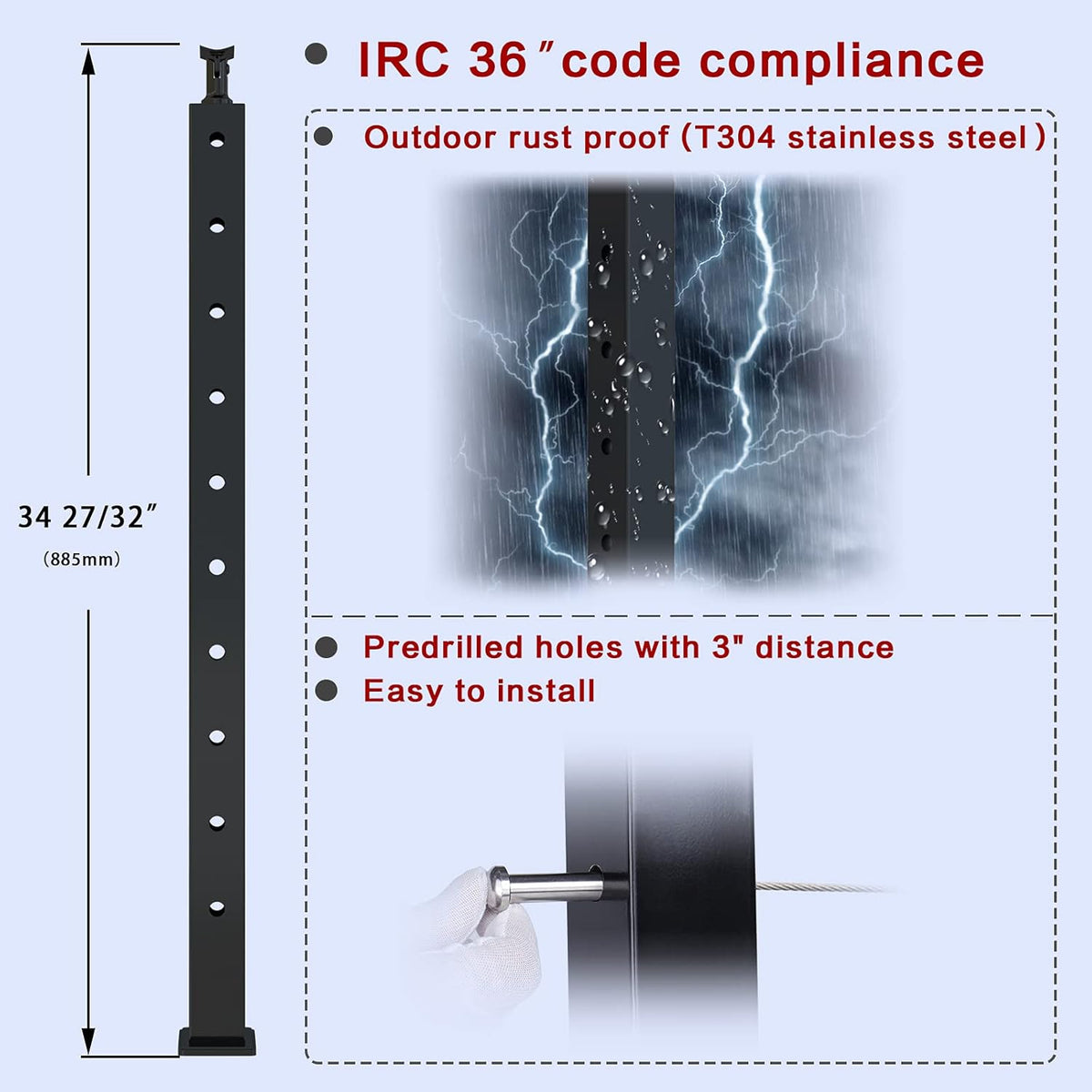 2 Pack 36x2x2 304 Stainless Steel Black Cable Railing Post G76160