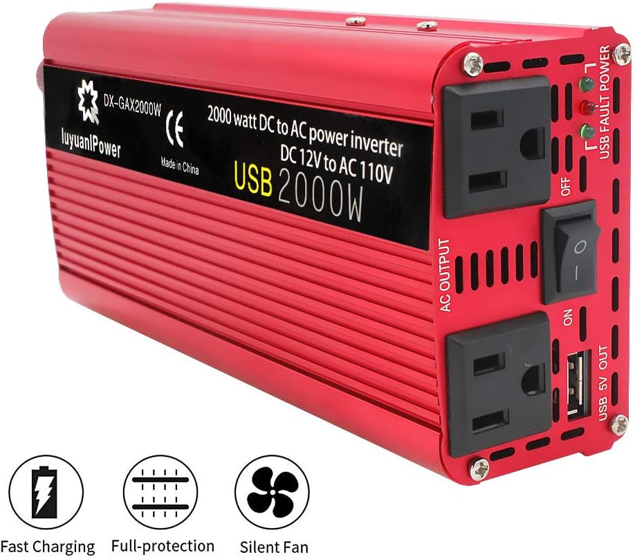 1200W DC to AC 12V to 110V Car Power Inverter with 3.1A USB and Battery Clips J919477