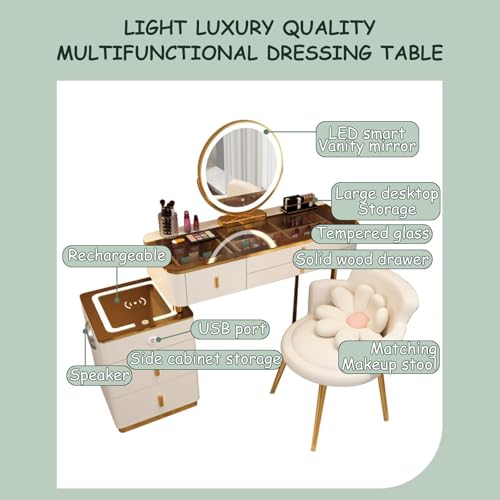 Vanity Mirror with Lights and Desk, Round 3-Colors Lights, with Cushioned Stool, with 2 Drawers and Storage Shelves, Glass Table Top B387392
