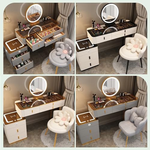 Vanity Mirror with Lights and Desk, Round 3-Colors Lights, with Cushioned Stool, with 2 Drawers and Storage Shelves, Glass Table Top B387392