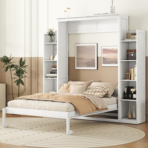 Queen Size Wood Murphy Bed with Shelves and LED Lights, Grey O3713
