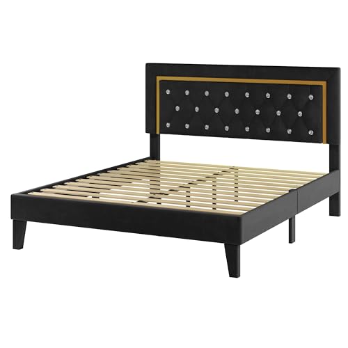 Black Upholstered Platform Bed Frame with LED Light I172