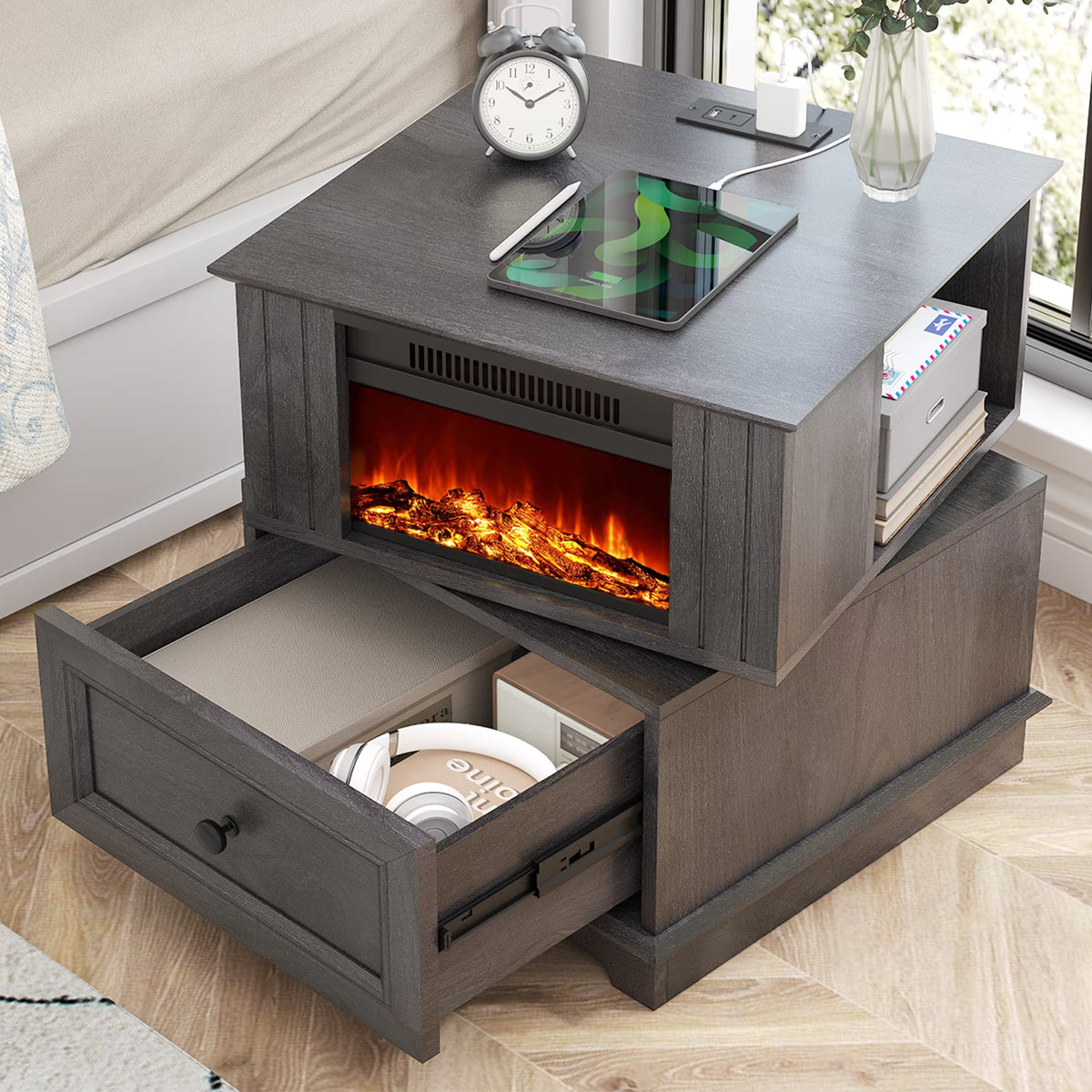 Rotating Fireplace End Table with Electric Fireplace Heater, Storage, Built-in Outlets S138