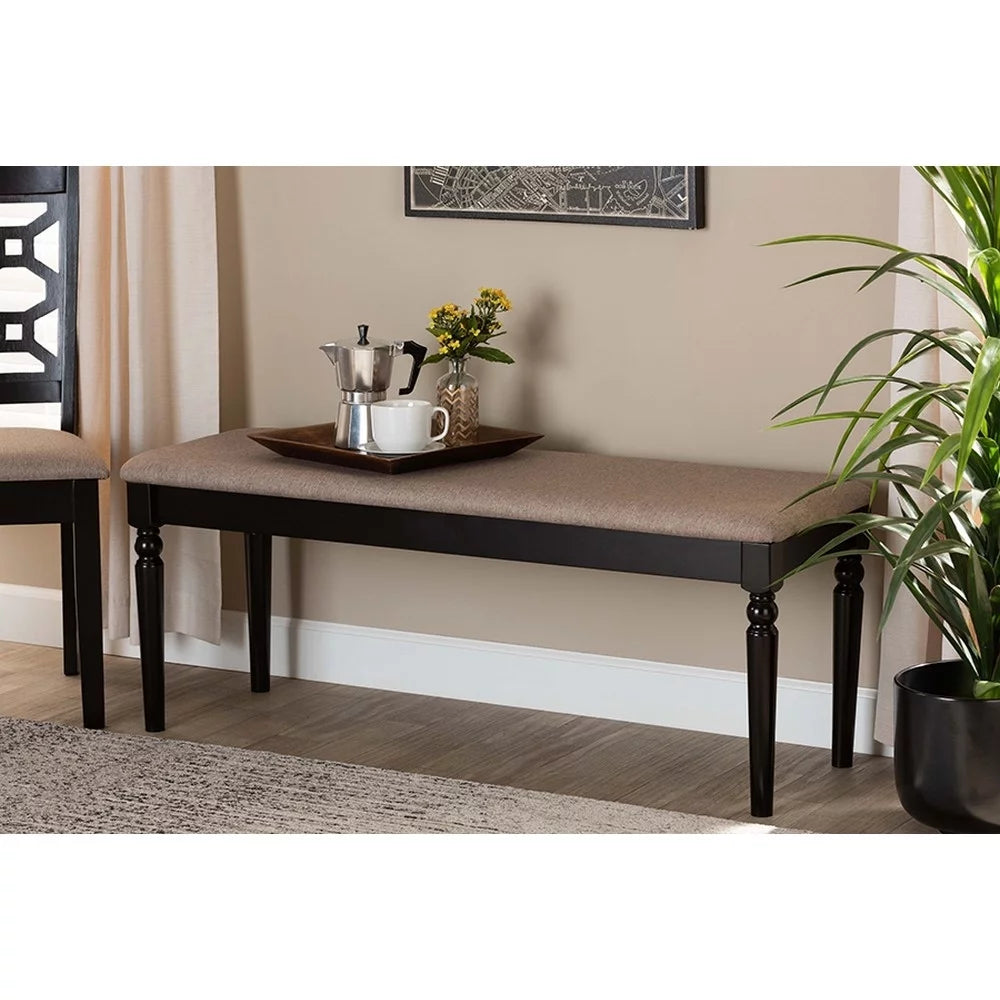 Sand Fabric Upholstered Dark Brown Wood Dining Bench F849006