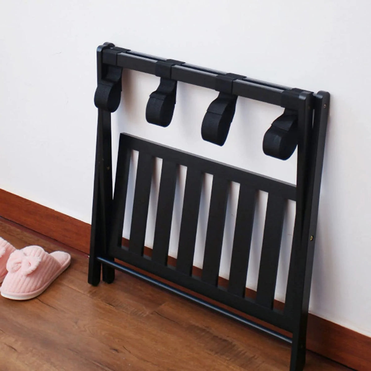 Black 2 Tiers Bamboo Wood Luggage Rack F381