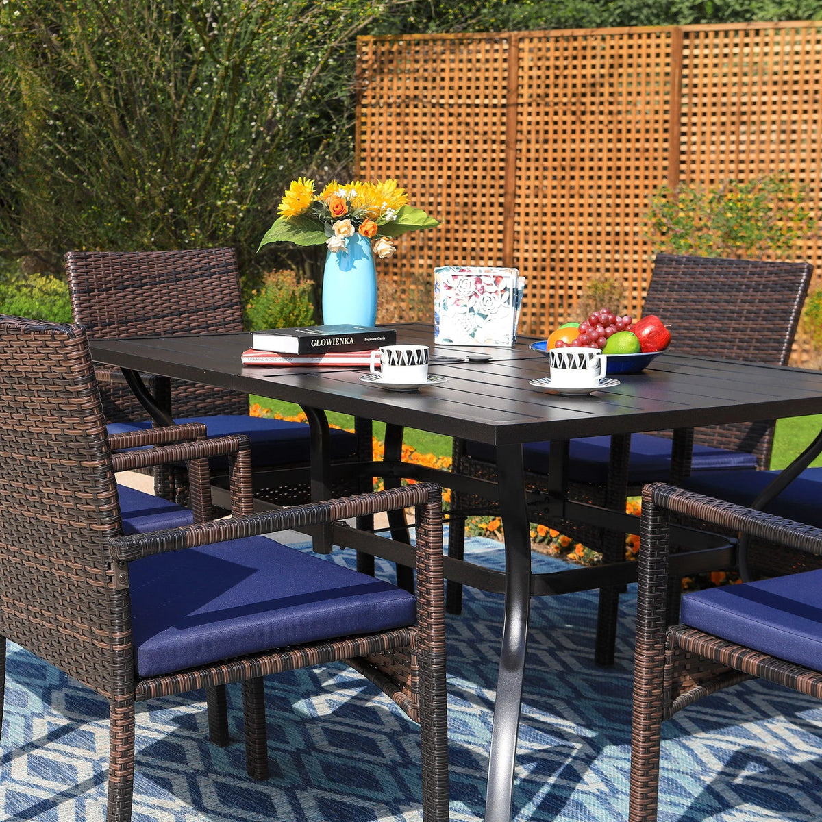 8-Piece Outdoor Patio Set with 13 ft Navy Umbrella E672030