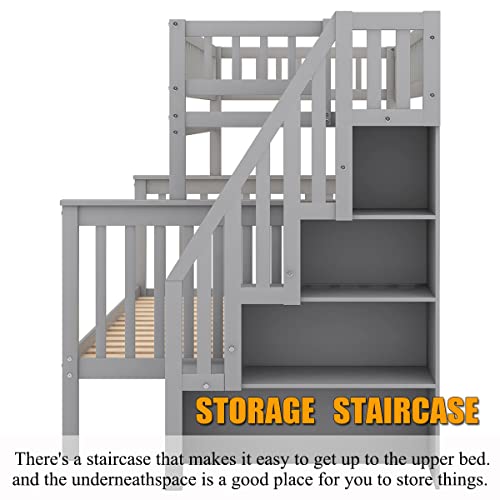 Twin Over Full Size Wood Bunk Bed with Trundle and Stairway N84148