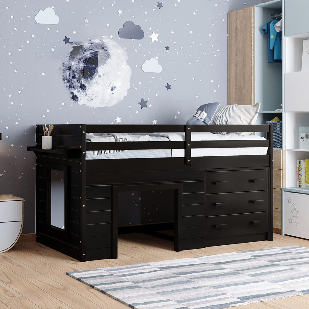 Twin Size Espresso Loft Bed with Desk and Storage Cabinet I670