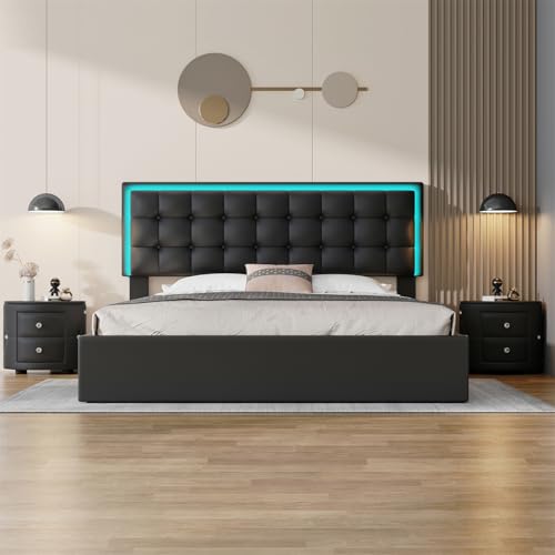 Queen Size Upholstered Bed with LED Headboard and 2 Nightstand with Drawers F3431