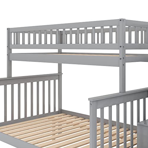Twin Over Full Size Wood Bunk Bed with Trundle and Stairway N84148