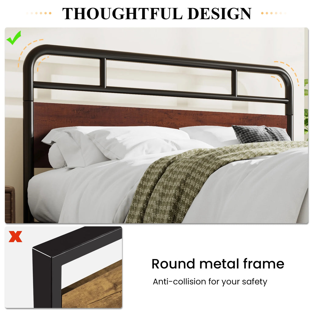 Dark Brown Queen Size Metal Platform Bed Frame with Wooden Headboard O48856
