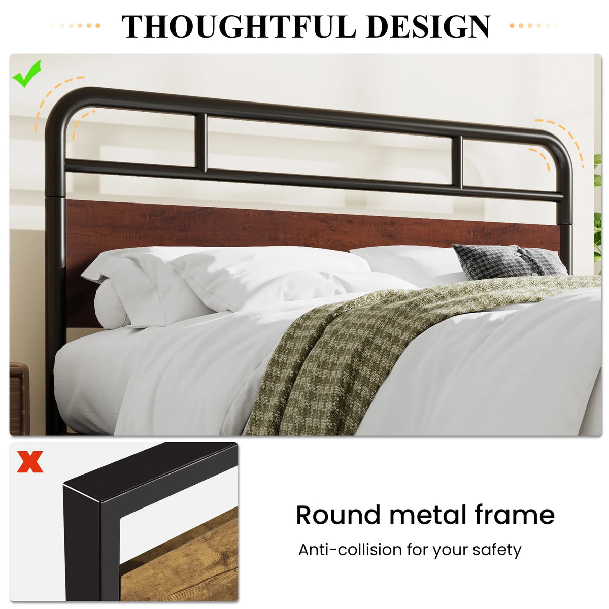 Dark Brown Queen Size Metal Platform Bed Frame with Wooden Headboard O48856