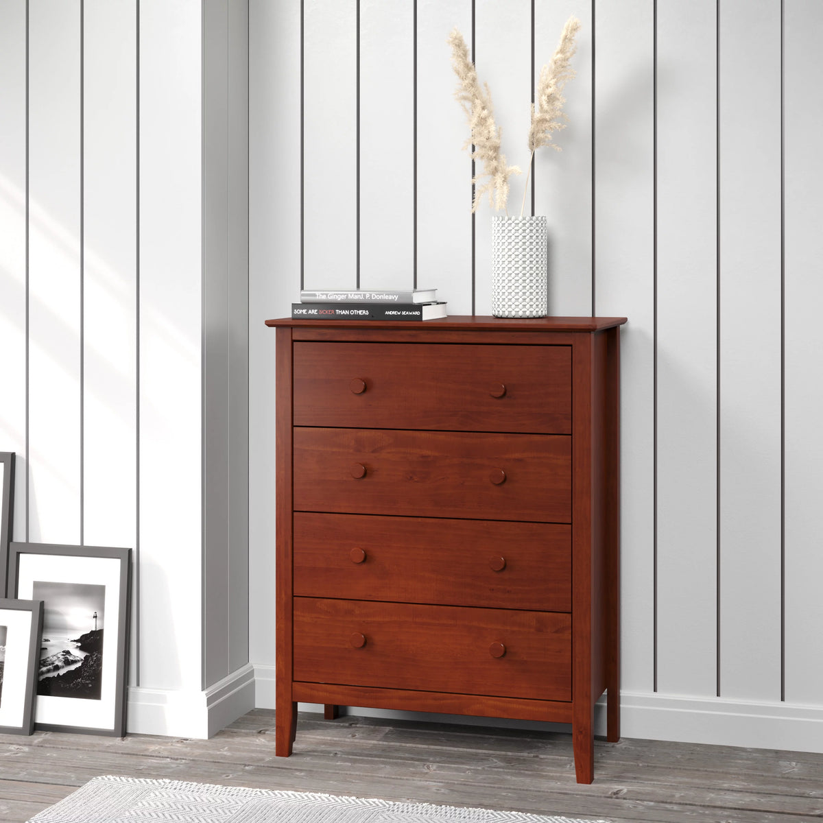 Solid Wood Four Drawer Chest of Dressers Pecan W3300