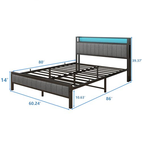 Gray Queen Size Metal Platform Bed Frame with Storage Headboard F4960