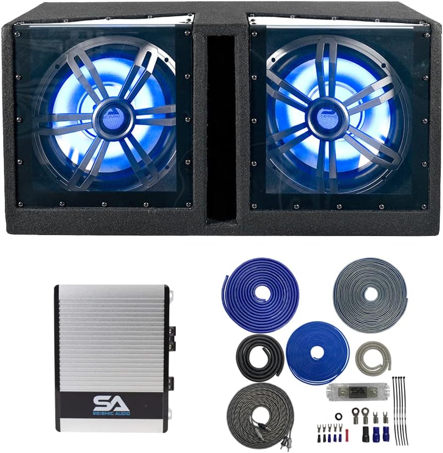 Dual 12 Inch Vented 1200 Watt Car Audio Subwoofer with LED Lights Enclosure Package with Amplifier & Cables Z92899