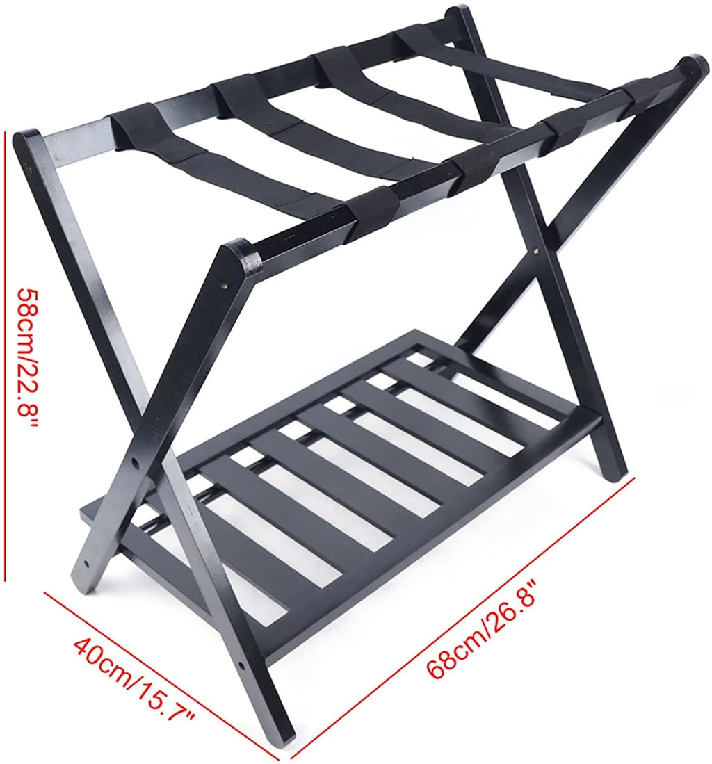 Black 2 Tiers Bamboo Wood Luggage Rack F381