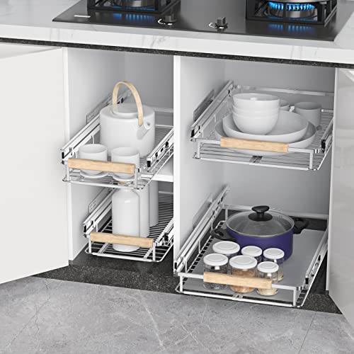 Extendable Slide Out Cabinet Organizer Pull Out Pantry Shelves Drawers Under Sink Sliding Basket, Adjusted Width 16.1"-26.3", 2 Pack N35101