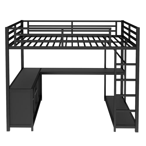 Queen Metal Loft Bed with Wardrobe, Desk and Shelves X3589