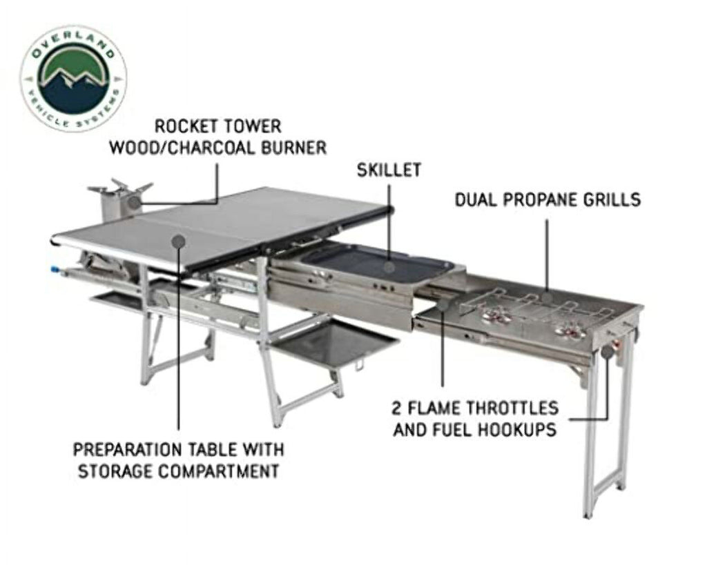 Stainless Steel Camp Kitchen with Dual Grill, Skillet, Folding Shelves, and Rocket Tower L875