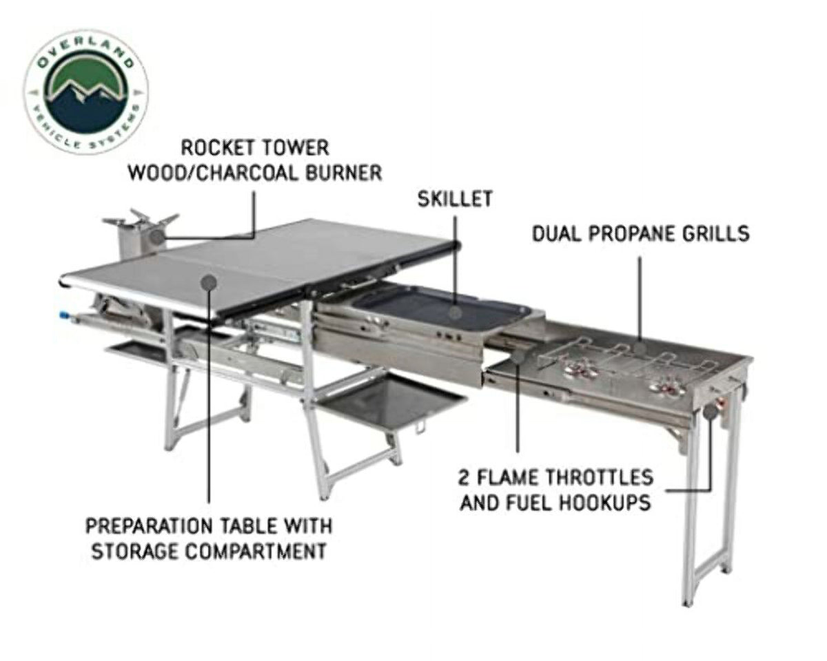 Stainless Steel Camp Kitchen with Dual Grill, Skillet, Folding Shelves, and Rocket Tower L875